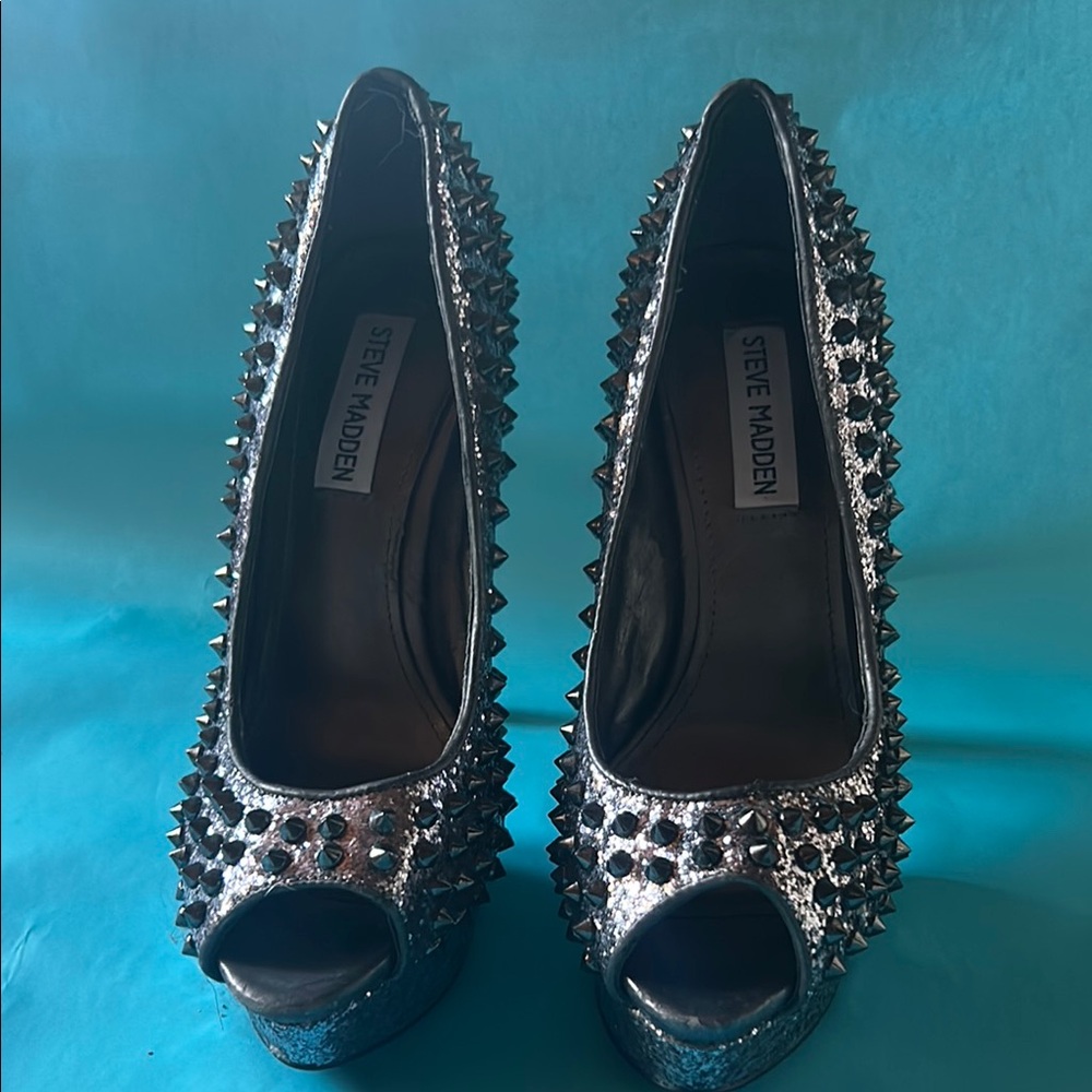 Steve Madden Silver Studded Peep Toe Heels